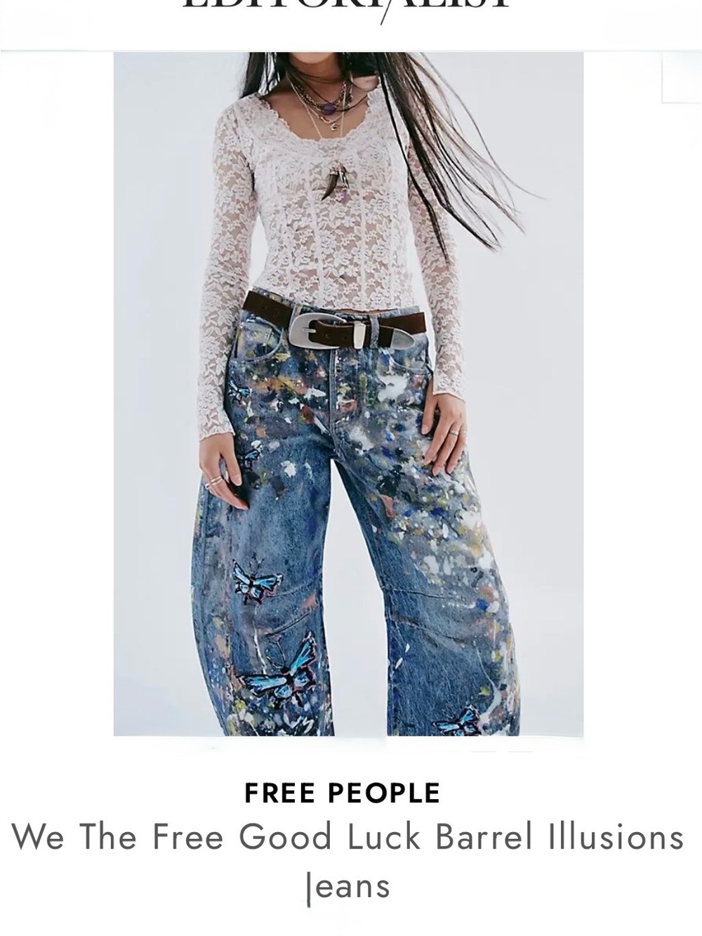 Free People Blue Paint-Splatter Wide-Leg Jeans with Butterfly Motif - Picture 8 of 15